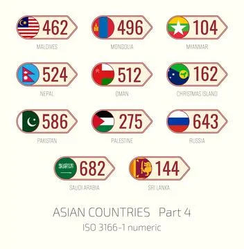 Set of vector illustrations of ISO 3166 1 numeric and flags of Asian countrie Illustrazione stock