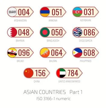 Set of vector illustrations of ISO 3166 1 numeric and flags of Asian countr.. Illustrazione stock