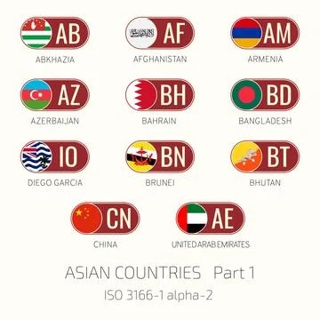 Set of vector illustrations of ISO 3166 1 alpha 2 and flags of Asian countr.. Stock Illustration