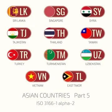 Set of vector illustrations of ISO 3166 1 alpha 2 and flags of Asian countr.. Stock Illustration