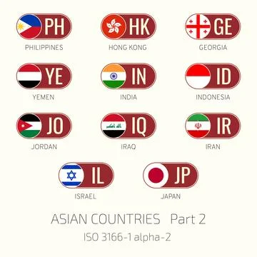Set of vector illustrations of ISO 3166 1 alpha 2 and flags of Asian countr.. Illustrazione stock