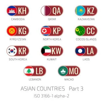 Set of vector illustrations of ISO 3166 1 alpha 2 and flags of Asian countr.. Stock Illustration