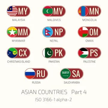 Set of vector illustrations of ISO 3166 1 alpha 2 and flags of Asian countr.. Illustrazione stock