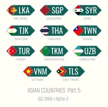 Set of vector illustrations of ISO 3166 1 alpha 3 and flags of Asian countr.. Stock Illustration