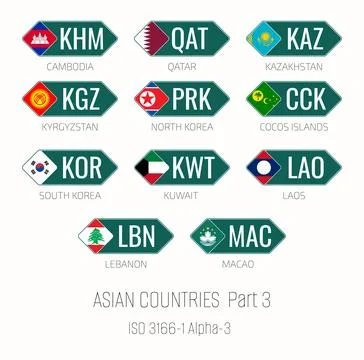 Set of vector illustrations of ISO 3166 1 alpha 3 and flags of Asian countr.. Stock Illustration