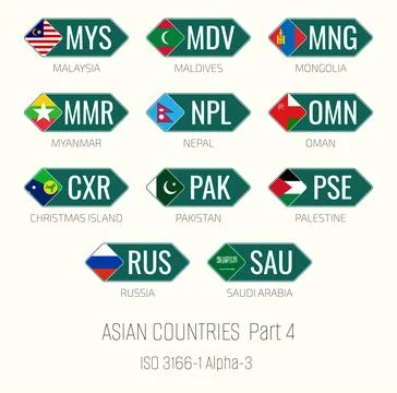 Set of vector illustrations of ISO 3166 1 alpha 3 and flags of Asian countr.. Illustrazione stock