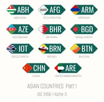 Set of vector illustrations of ISO 3166 1 alpha 3 and flags of Asian countr.. Stock Illustration