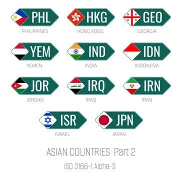Set of vector illustrations of ISO 3166 1 alpha 3 and flags of Asian countr.. Stock Illustration