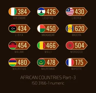 Set of vector illustrations of ISO 3166 1 numeric and flags of African coun.. Stock Illustration