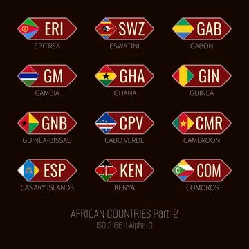 Set of vector illustrations of ISO 3166 1 alpha 3 and flags of African coun.. Illustrazione stock
