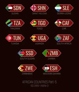 Set of vector illustrations of ISO 3166 1 alpha 3 and flags of African coun.. Illustrazione stock