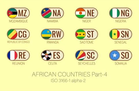 Set of vector illustrations of ISO 3166 1 alpha 2 and flags of African coun.. Stock Illustration