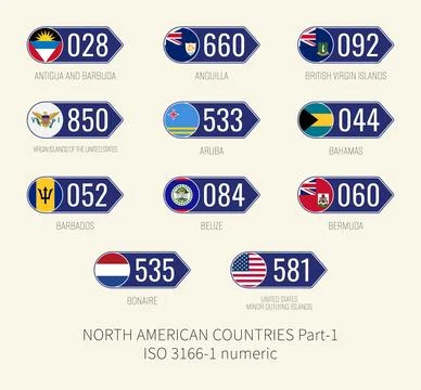 Set of vector illustrations of ISO 3166 1 numeric and flags of NORTH AMERIC.. Stock Illustration