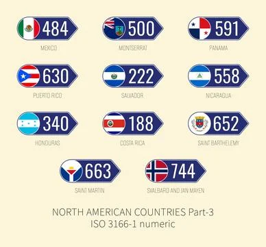 Set of vector illustrations of ISO 3166 1 numeric and flags of NORTH AMERIC.. Illustrazione stock