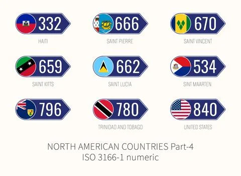 Set of vector illustrations of ISO 3166 1 numeric and flags of NORTH AMERIC.. Stock Illustration