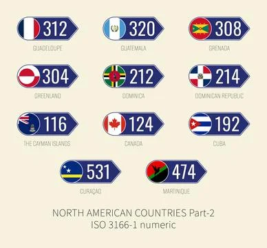 Set of vector illustrations of ISO 3166 1 numeric and flags of NORTH AMERIC.. Stock Illustration
