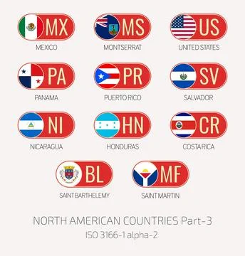 Set of vector illustrations of ISO 3166 1 alpha 2 and flags of NORTH AMERIC.. Illustrazione stock