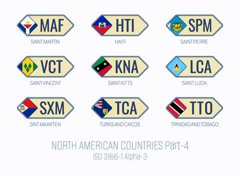 Set of vector illustrations of ISO 3166 1 alpha 3 and flags of NORTH AMERIC.. Illustrazione stock