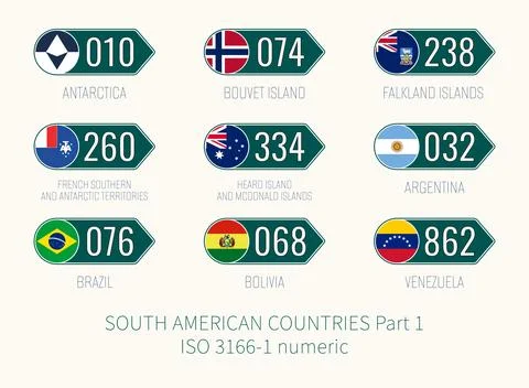 Set of vector illustrations of ISO 3166 1 numeric and flags of SOUTH AMERIC.. Illustrazione stock