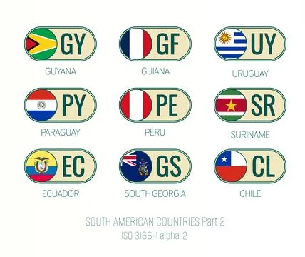 Set of vector illustrations of ISO 3166 1 alpha 2 and flags of SOUTH AMERIC.. Illustrazione stock