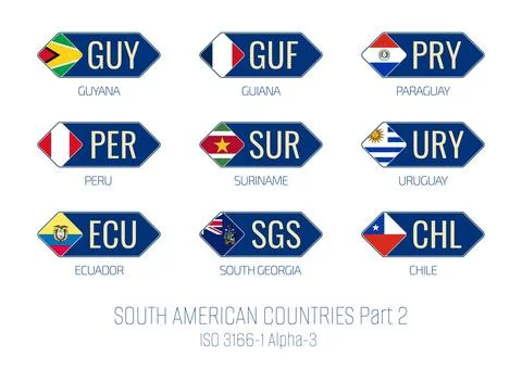 Set of vector illustrations of ISO 3166 1 alpha 3 and flags of SOUTH AMERIC.. Stock Illustration