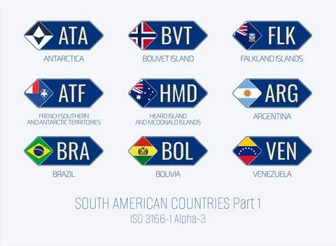 Set of vector illustrations of ISO 3166 1 alpha 3 and flags of SOUTH AMERIC.. Stock Illustration