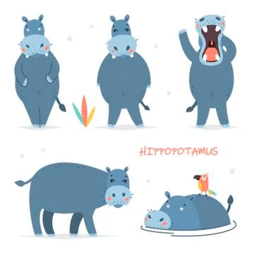 Set of vector illustrations of isolated cartoon characters. Cute hippo. Baby  Stock Illustration