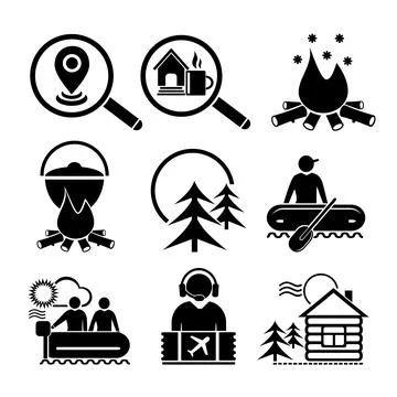 A set of vector illustrations, logo, icons for travel and leisure. Stock Illustration