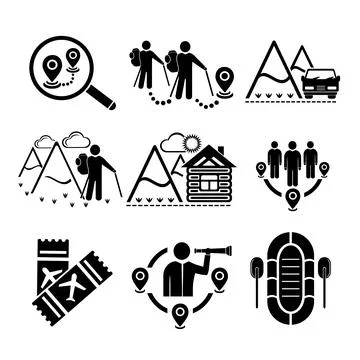 A set of vector illustrations, logo, icons for travel and leisure. Illustrazione stock