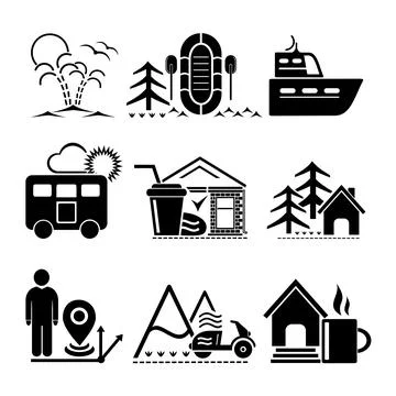 A set of vector illustrations, logo, icons for travel and leisure. Stock Illustration