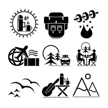 A set of vector illustrations, logo, icons for travel and leisure. Stock Illustration