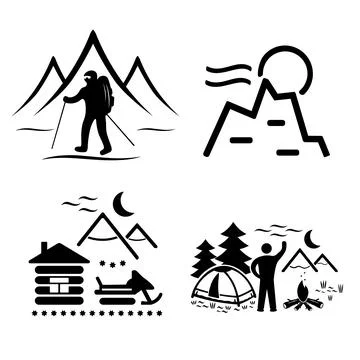 A set of vector illustrations, logos, icons for travel and leisure.   Stock Illustration