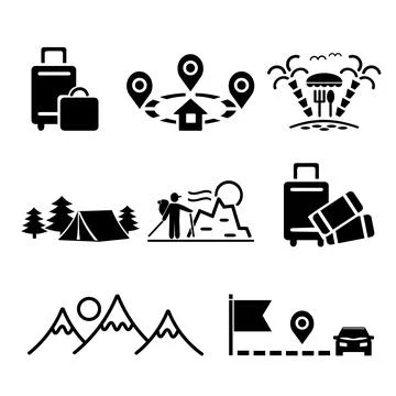 A set of vector illustrations, logos, icons for travel and leisure.  Stock Illustration