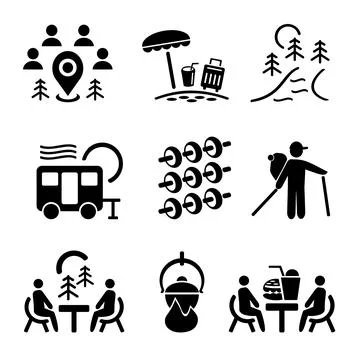 A set of vector illustrations, logos, icons for travel and leisure. Tourism and  Illustrazione stock