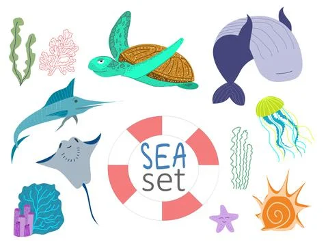 Set of vector illustrations on the marine theme. Sea turtle, sawfish, stingray Stock Illustration