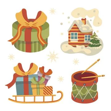 Set of vector illustrations new year christmas sleigh with gifts round box house Stock Illustration