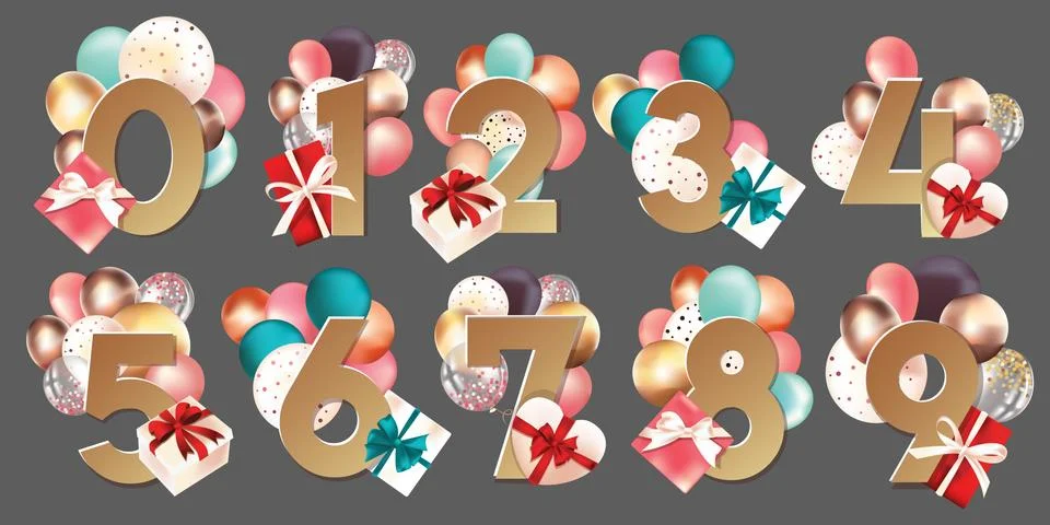 Set of vector illustrations numbers with balloons and boxes for birthday and Stock-Illustration