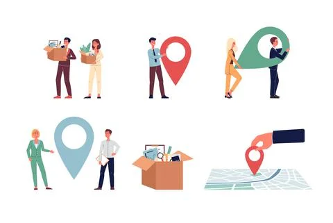 Set of vector illustrations of office relocation, move business at new address Illustrazione stock