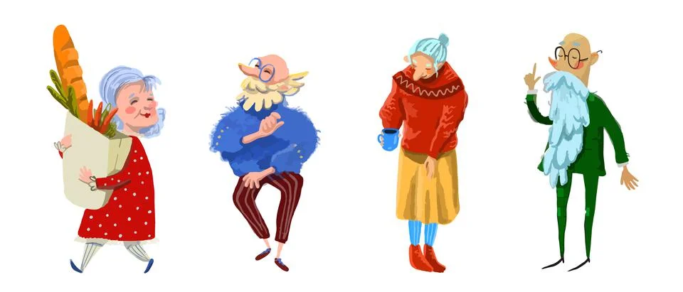 Set of vector illustrations of old people in cartoon style Illustrazione stock