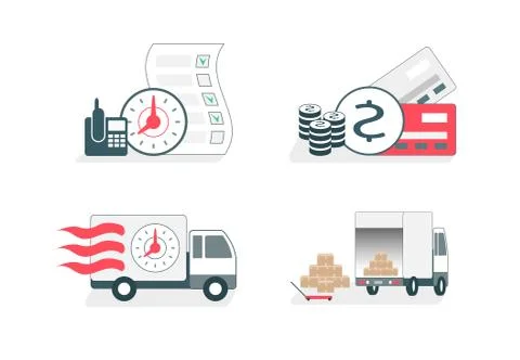Set of vector illustrations. Online delivery service . Illustrazione stock