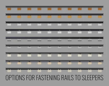 Set of vector illustrations of OPTIONS FOR ATTACHING RAILS TO SLEEPERS. Illustrazione stock