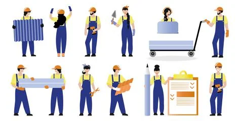 Set of vector illustrations of people builders. Construction workers and rela Stock Illustration