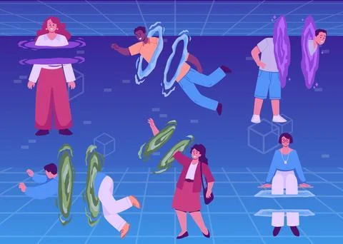 Set of vector illustrations with people entering a teleport. Stock Illustration