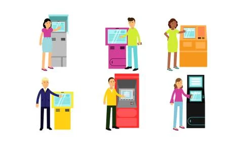 Set Of Vector Illustrations With People Using Kinds Of Automatic Teller Machines Stock Illustration