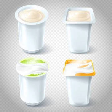 Set of vector illustrations of plastic yogurt cups. Stock Illustration