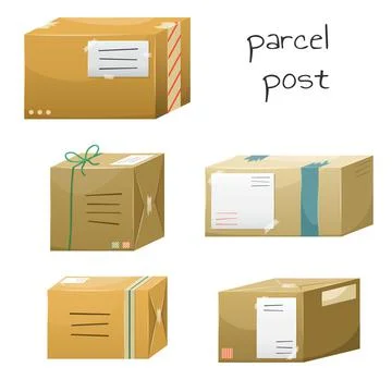 Set of Vector illustrations of postal parcels in boxes with a delivery addres Stock Illustration