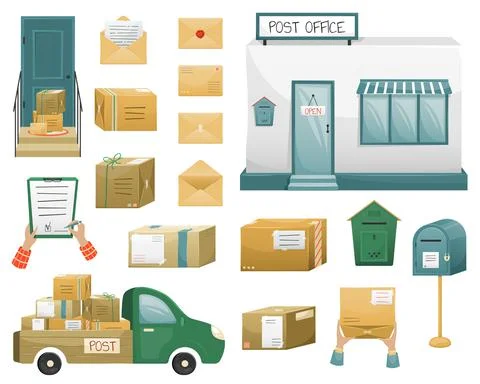 Set of Vector illustrations of postal parcels in boxes with a delivery addres Illustrazione stock