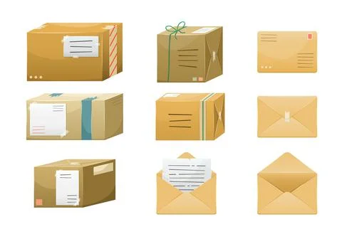 Set of Vector illustrations of postal parcels in boxes with a delivery addres Illustrazione stock