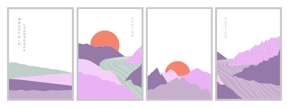 Set of vector illustrations posters mountain landscapes at sunset with river. Stock Illustration