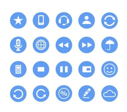 Set of vector illustrations of round icons, buttons and icons in blue Stock Illustration